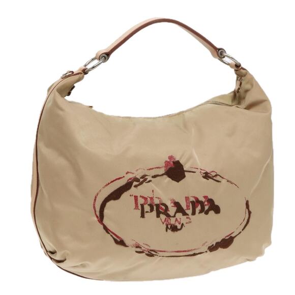 PRADA Shoulder Bag Nylon Leather Beige Silver - Picture 1 of 9